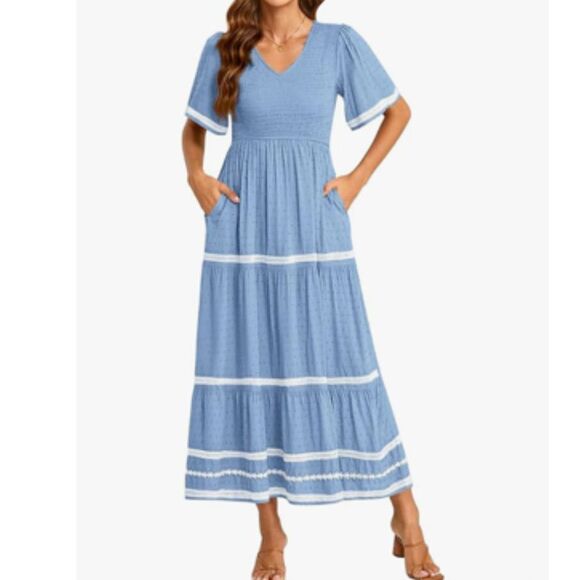 NWT Pretty Garden  Maxi Dress Short Sleeve Swiss Dot V Neck Smocked Bodice - Picture 1 of 4